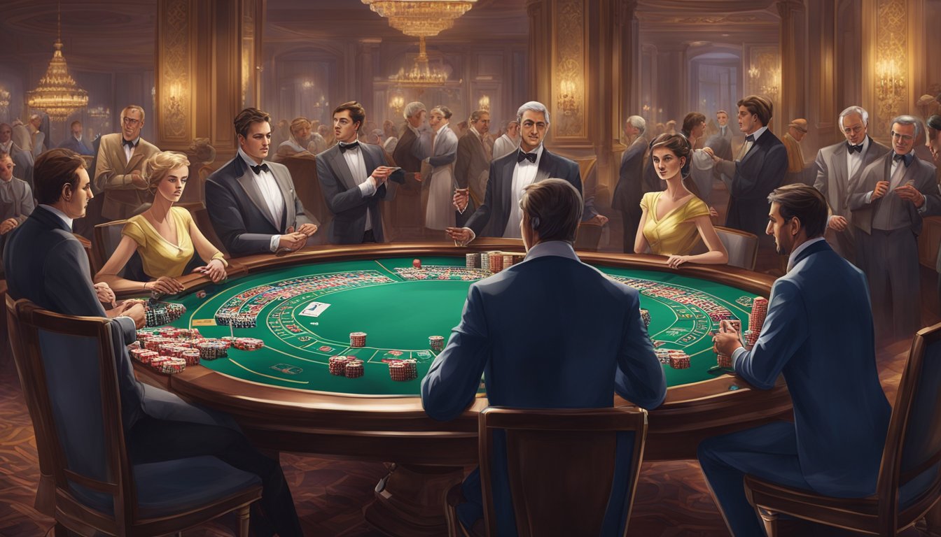 A baccarat table with cards, chips, and a dealer. Players sit around, placing bets and eagerly watching the outcome. The room is filled with excitement and tension