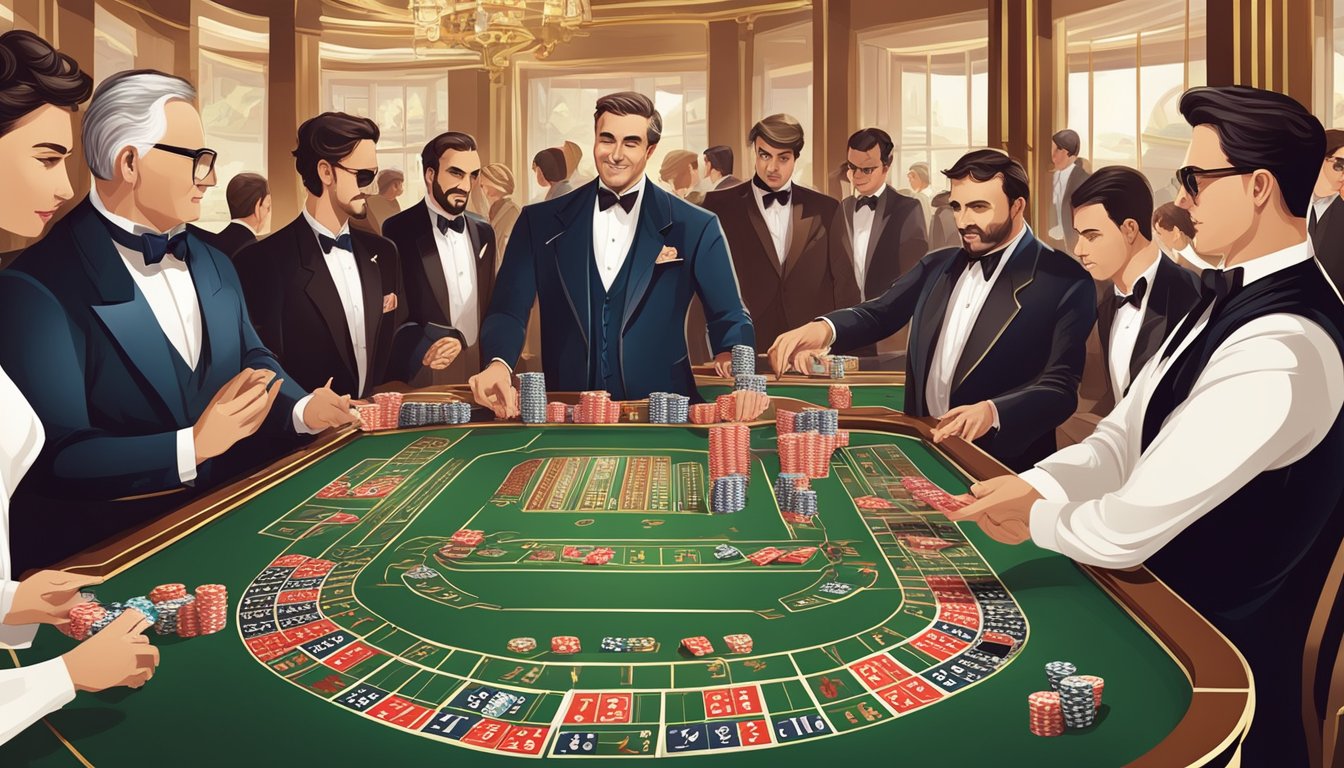 A baccarat table with cards and chips, surrounded by players and a dealer. The atmosphere is elegant and sophisticated, with a hint of excitement in the air