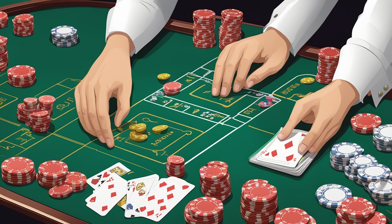 A baccarat table with cards and chips, a dealer's hand dealing the cards, and players placing bets