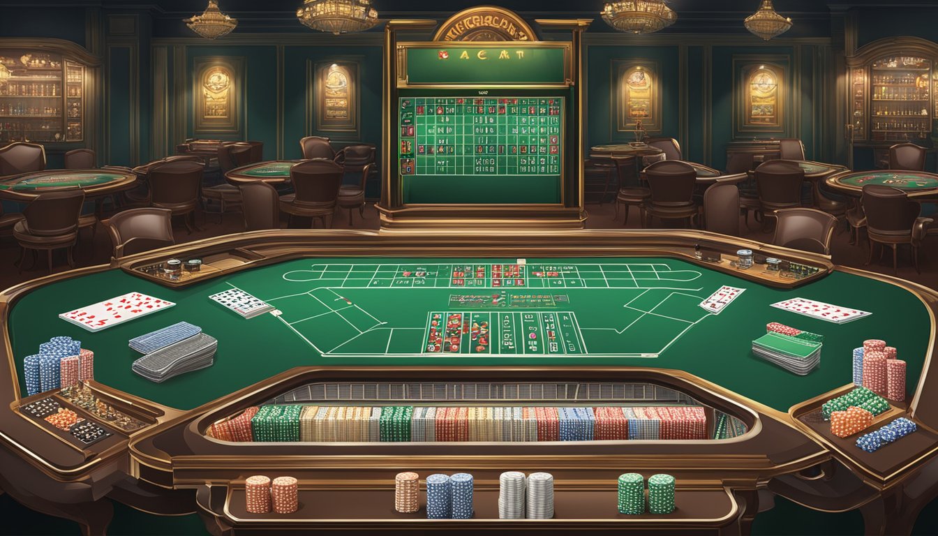 A baccarat table with cards and chips, a dealer and players, a scoreboard showing the results, and a diagram of the game's rules and terms