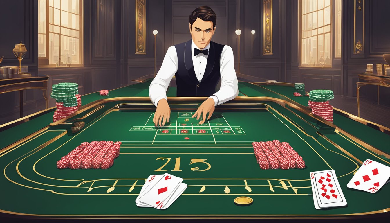 A baccarat table with cards, chips, and a dealer. The odds and payouts are displayed on the table. The atmosphere is elegant and sophisticated