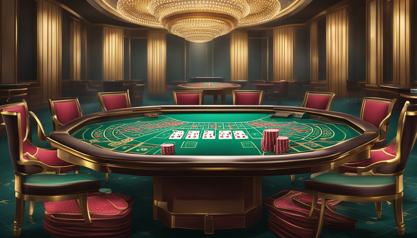 A luxurious casino table with stacks of chips, a deck of cards, and a sleek electronic baccarat scoreboard