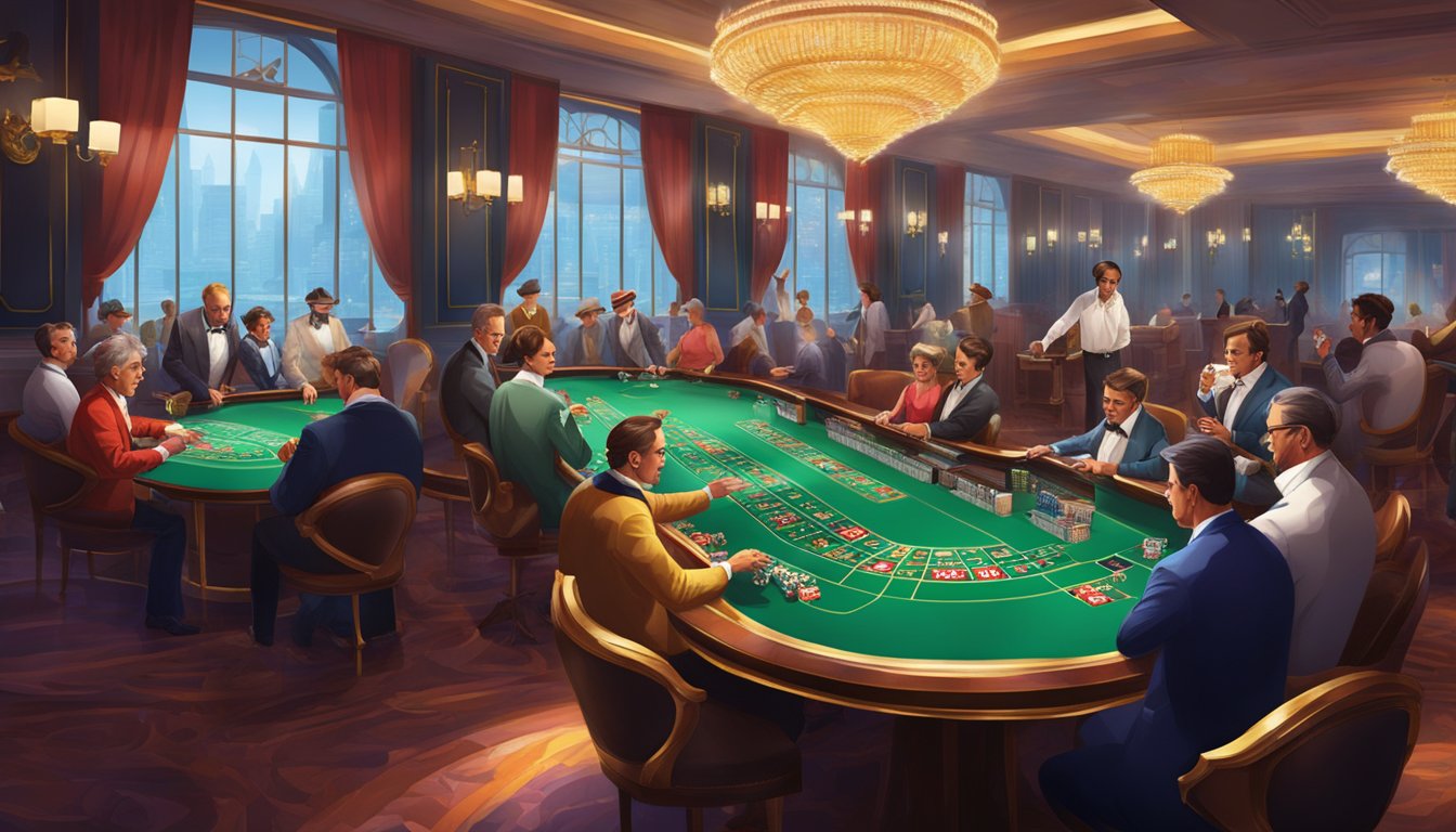 A lively baccarat table in an online casino, with players placing bets and a dealer dealing cards. The room is filled with excitement and anticipation