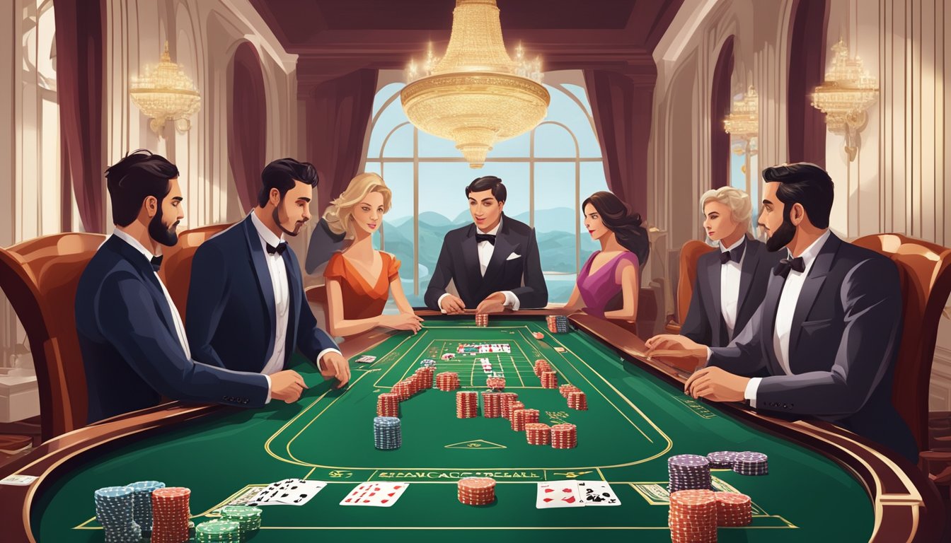 A baccarat table with cards and chips, surrounded by players and a dealer. The atmosphere is elegant and sophisticated, with a hint of excitement in the air