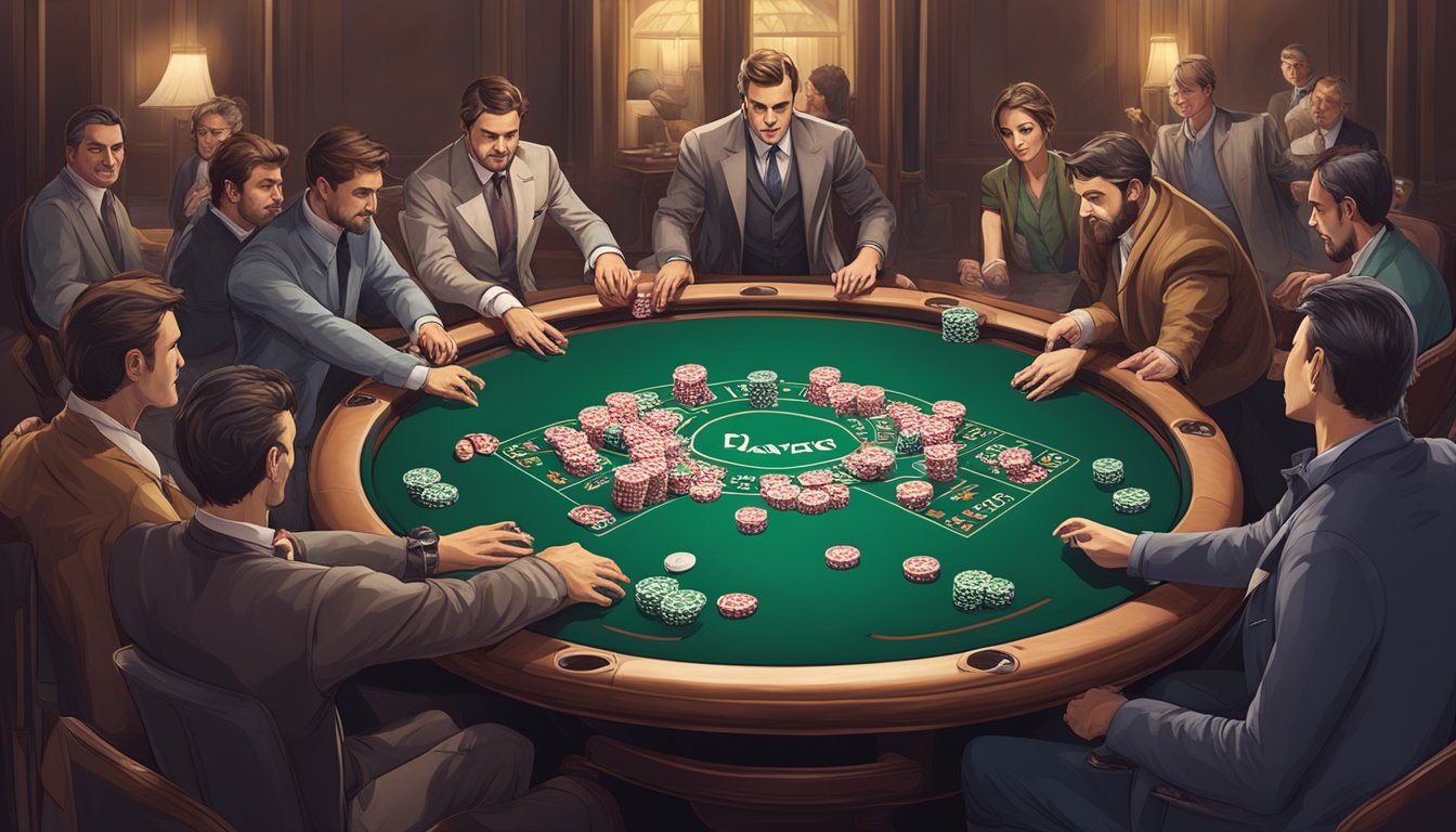 A round poker table with players holding cards, chips, and a dealer in the center. The tension and excitement of the game are palpable