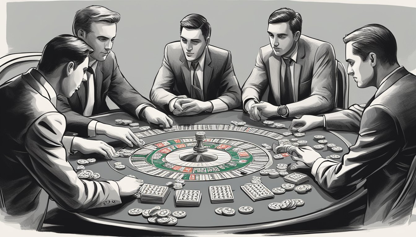 A group of players gather around a table, each holding a hand of cards. Chips are stacked in the center as bets are placed. The tension is palpable as the players strategize their next move in a game of Texas Hold'em