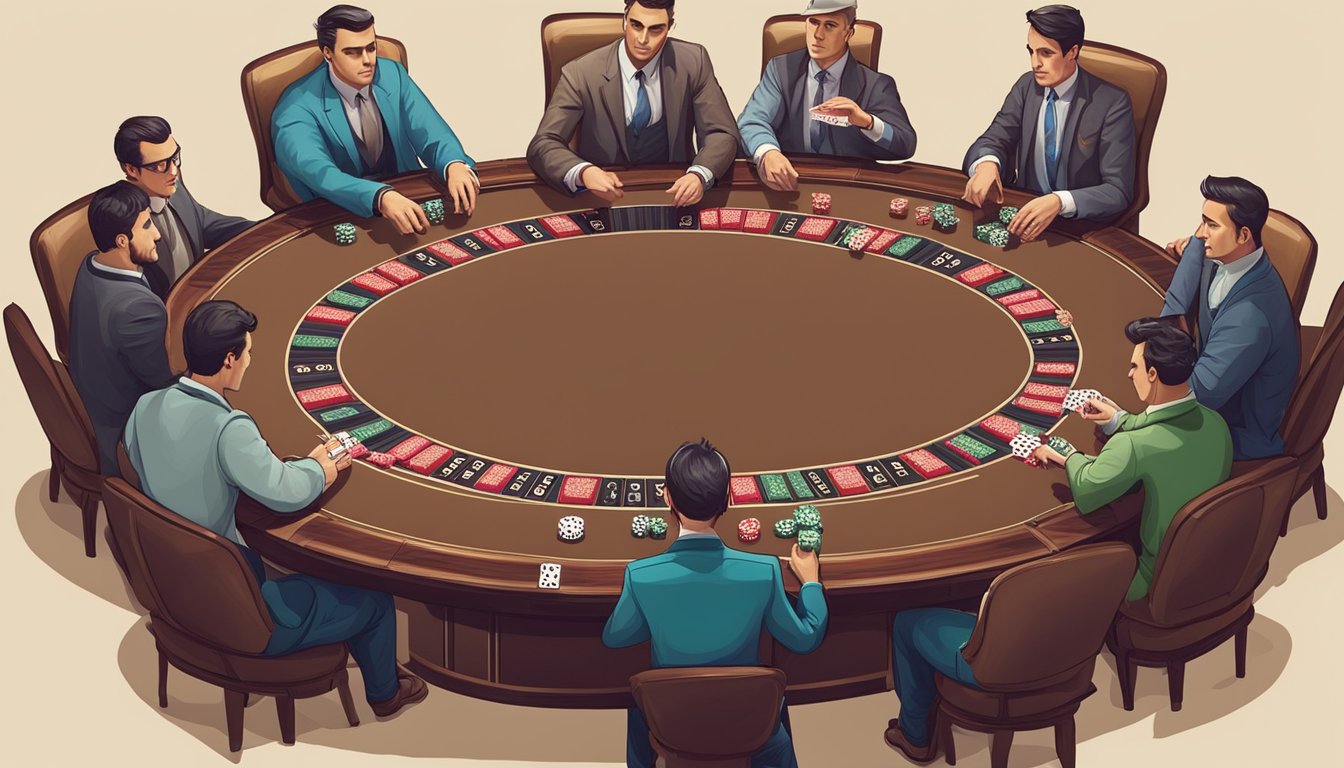 A round poker table with players holding cards, chips, and a dealer in the center. The players are focused and the tension is palpable as the game progresses