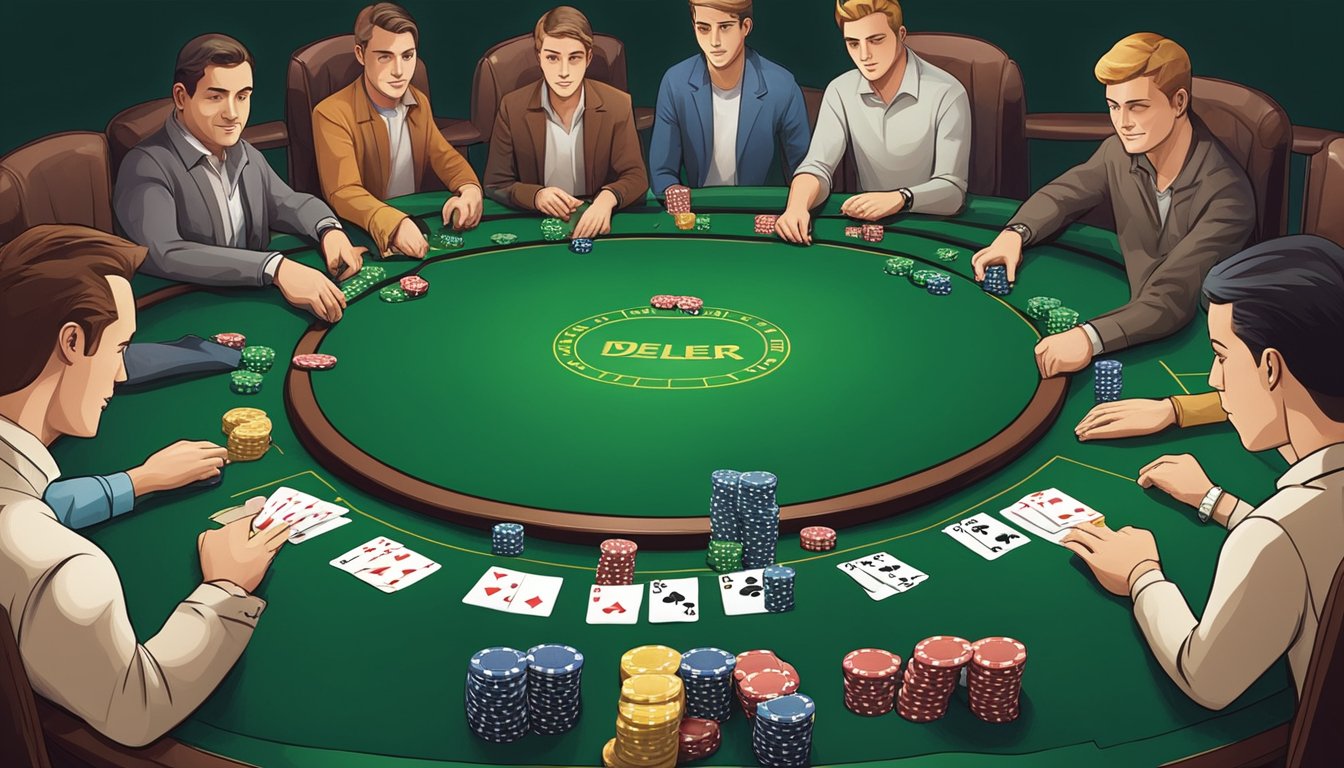 A group of players sit around a green felt poker table, chips stacked in front of them. The dealer shuffles a deck of cards, ready to deal the next hand of Texas Hold'em