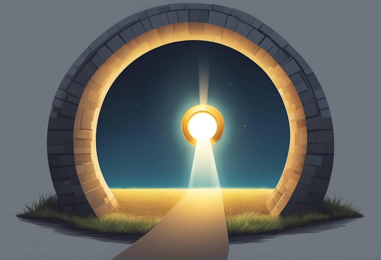 A beam of light shining through a keyhole, casting a focused circle on the ground