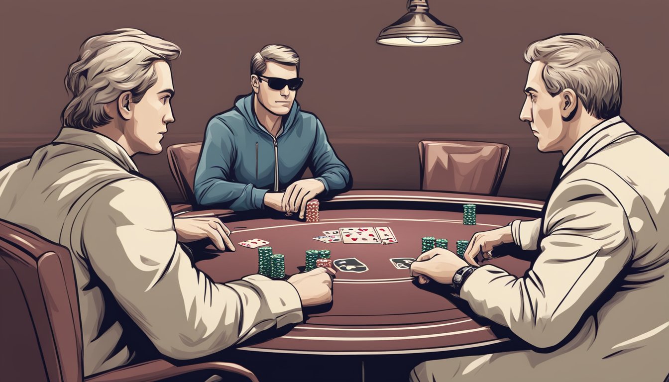 A professional poker player facing off against a symbolic figure in a game of Texas Hold'em poker