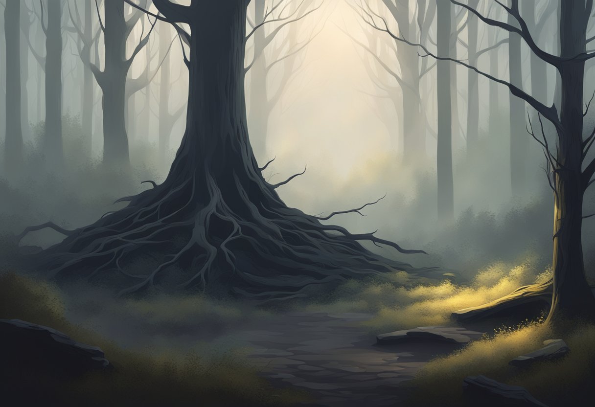 A dark, eerie forest with a solitary crown lying on the ground, surrounded by mist and shadows