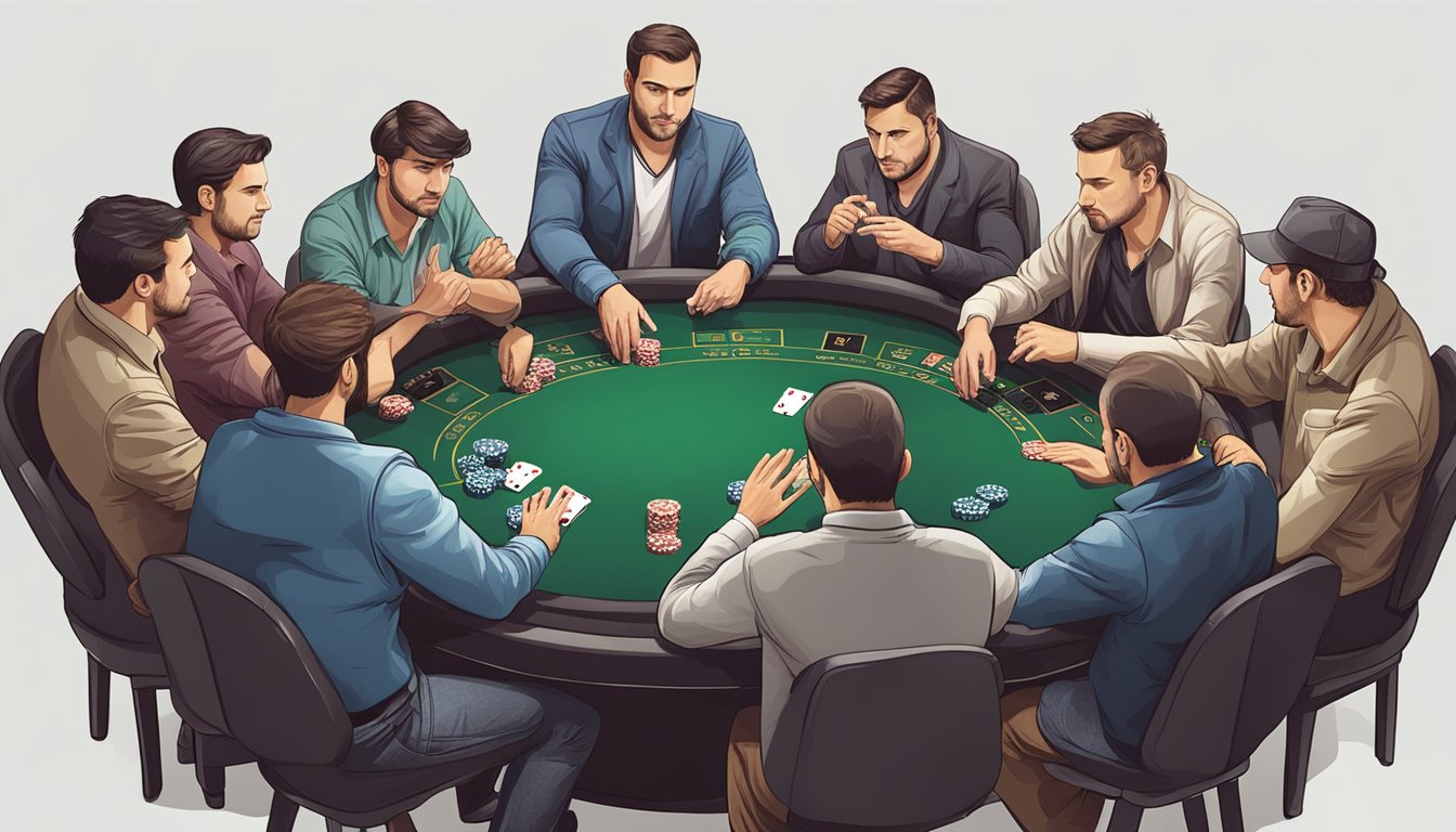 A group of poker players strategizing and showing various hand gestures during a game of Texas Hold'em