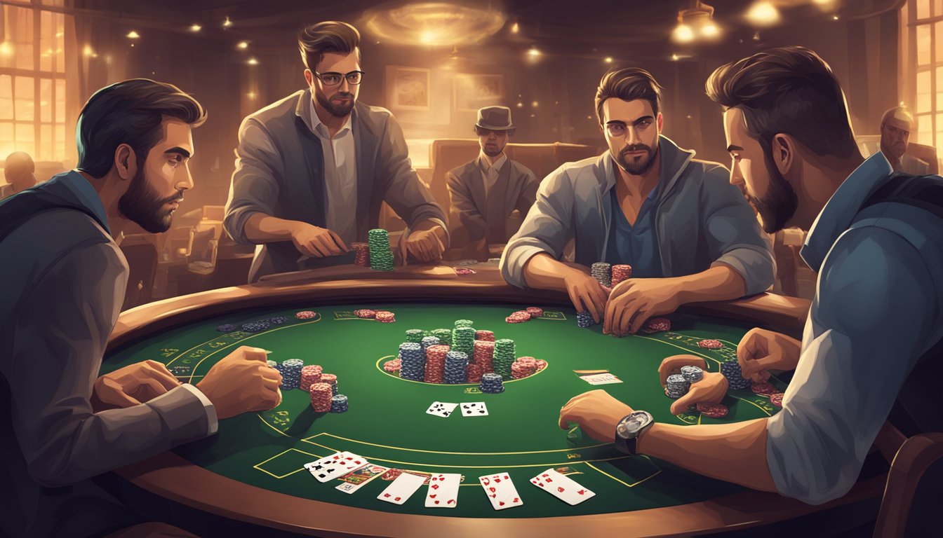 A poker table with cards and chips, players with intense expressions, and a tense atmosphere filled with mathematical calculations and psychological strategies