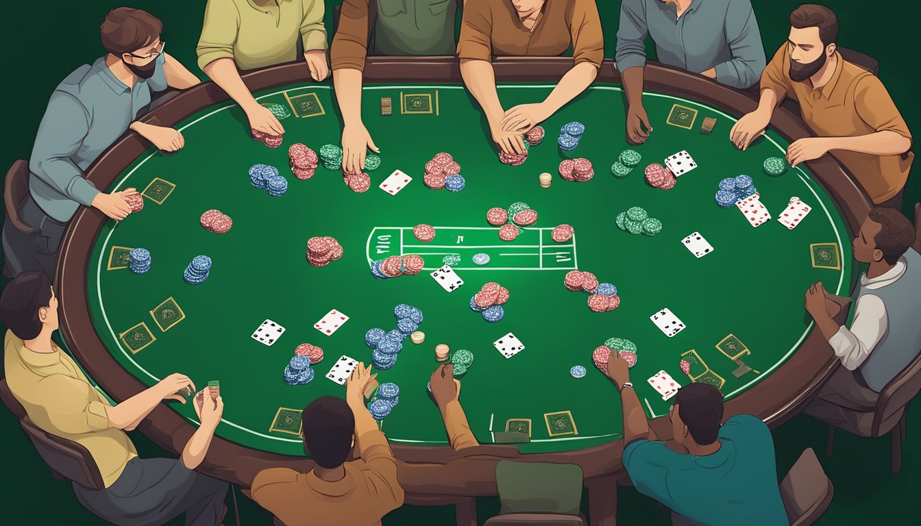 A group of players gather around a green felt poker table, with chips and cards scattered across the surface. The tension in the air is palpable as they strategize their next moves in a game of Texas Hold'em