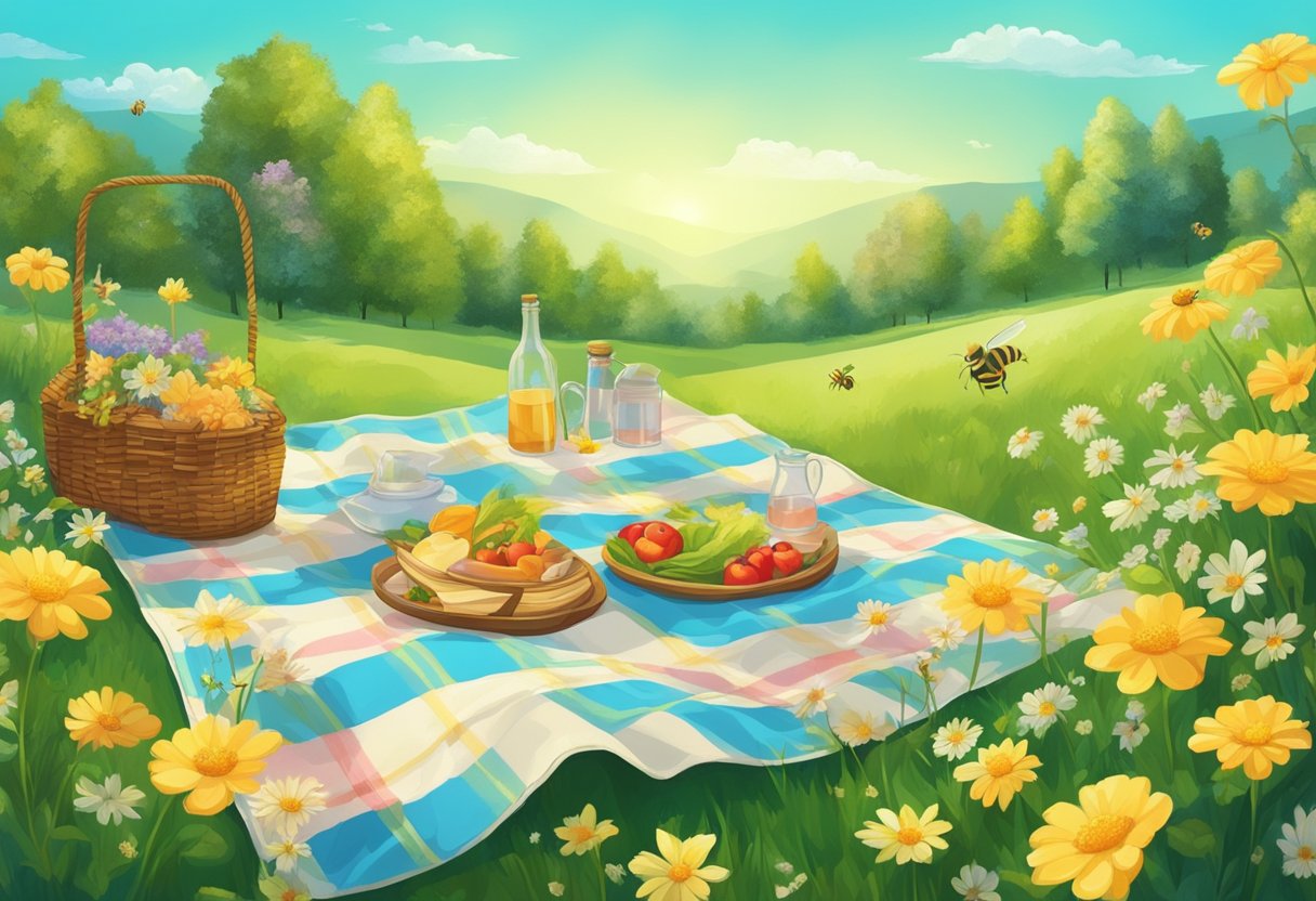 A picnic blanket on green grass under a bright blue sky, surrounded by blooming flowers and buzzing bees