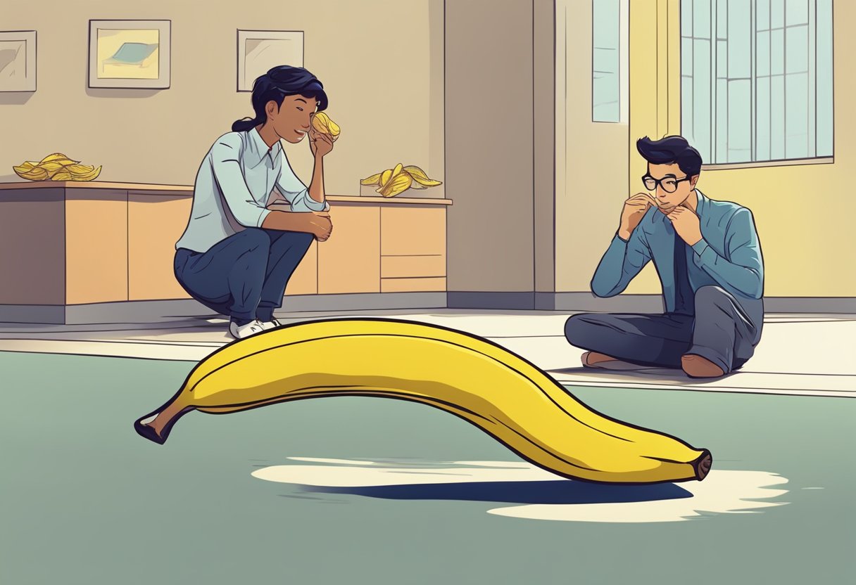 A figure slipping on a banana peel while another person watches, smirking