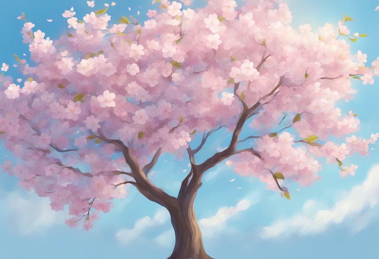 A blooming cherry blossom tree against a clear blue sky, with a gentle breeze carrying petals through the air