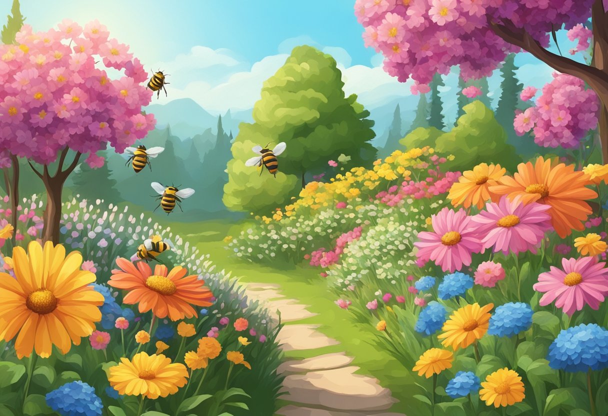 A blooming garden with vibrant flowers and buzzing bees on a sunny day