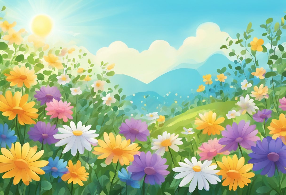 A blooming garden with vibrant flowers, a gentle breeze, and a bright sun shining in the clear blue sky