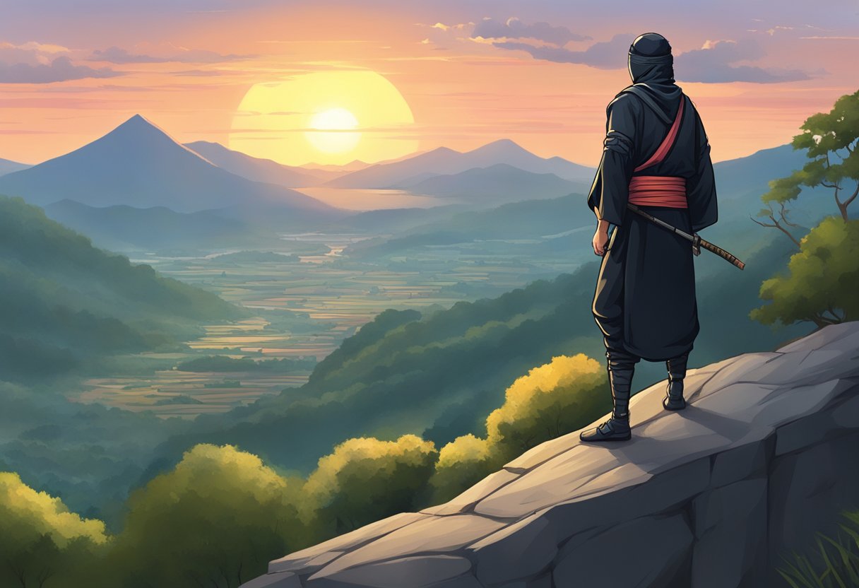 A ninja standing on a cliff, looking out at a sunset over a village, with the symbol of a leaf on his headband