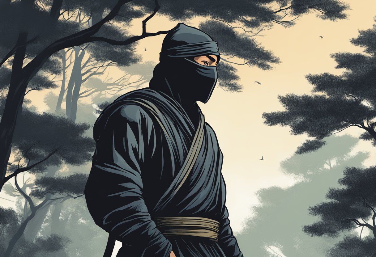 A lone ninja stands in the shadow of a tall tree, his face obscured by a mask. His eyes are hidden by a headband as he speaks confidently