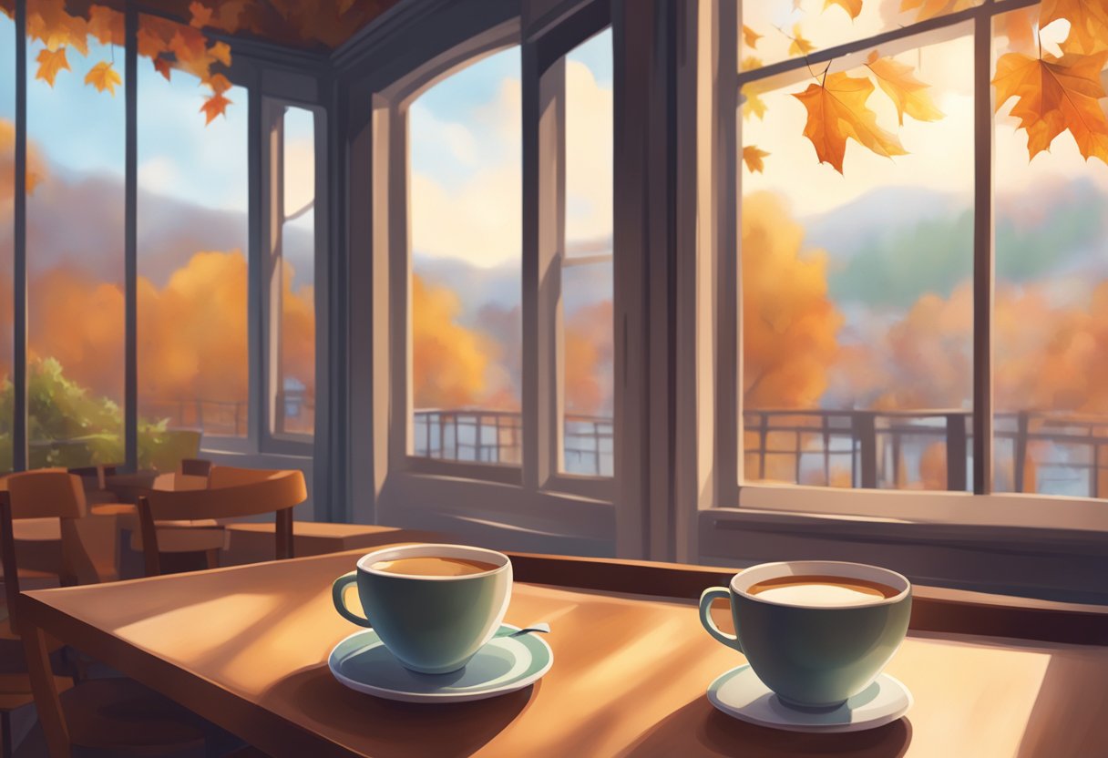 A cozy cafe with warm lighting, a steaming cup of tea, and a view of falling leaves outside the window