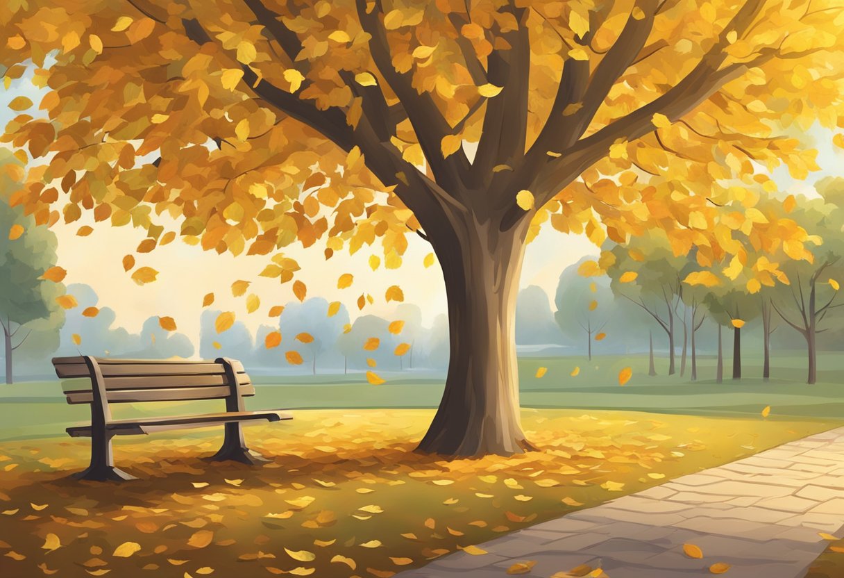 A tree shedding leaves in a park, with a calendar showing the month of September. The leaves are turning golden, symbolizing the changing season