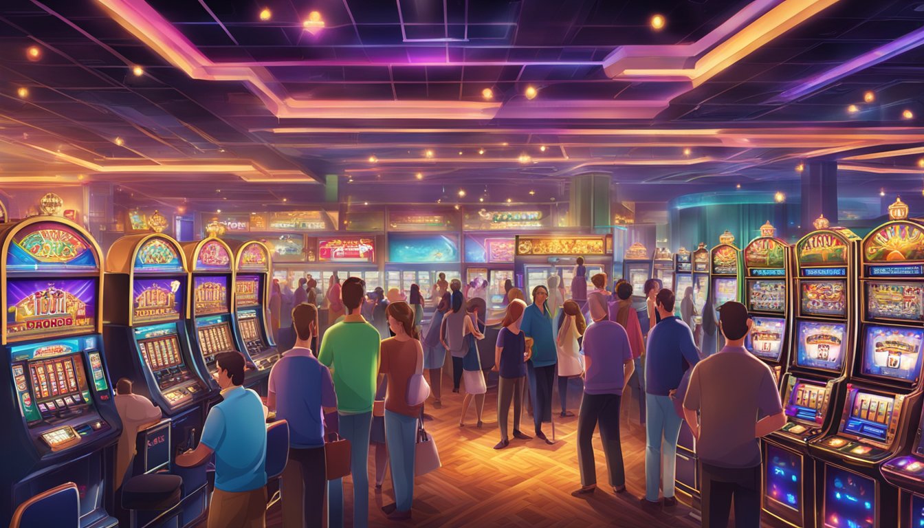 A bustling casino floor with colorful slot machines, bright lights, and excited patrons enjoying a variety of games