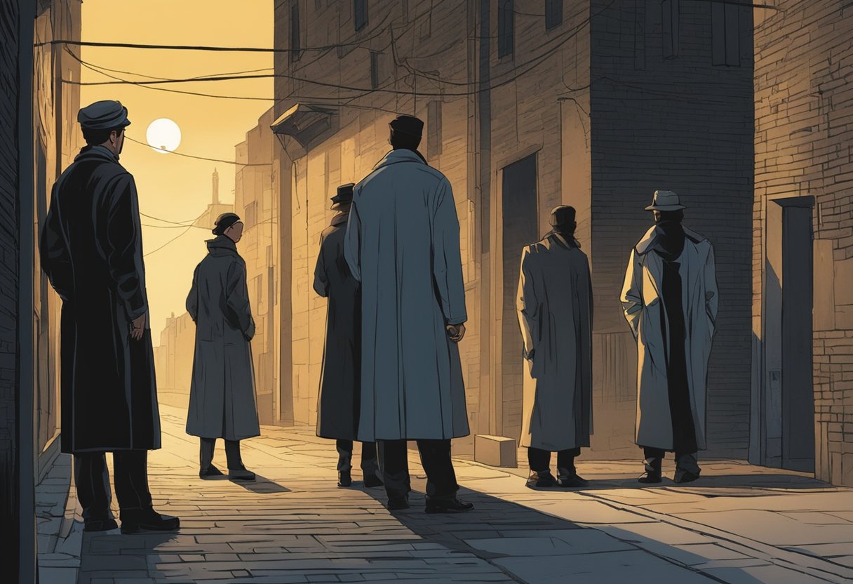 A group of figures stand in a dimly lit alley, with one figure looking over their shoulder suspiciously at the others. The atmosphere is tense and distrustful