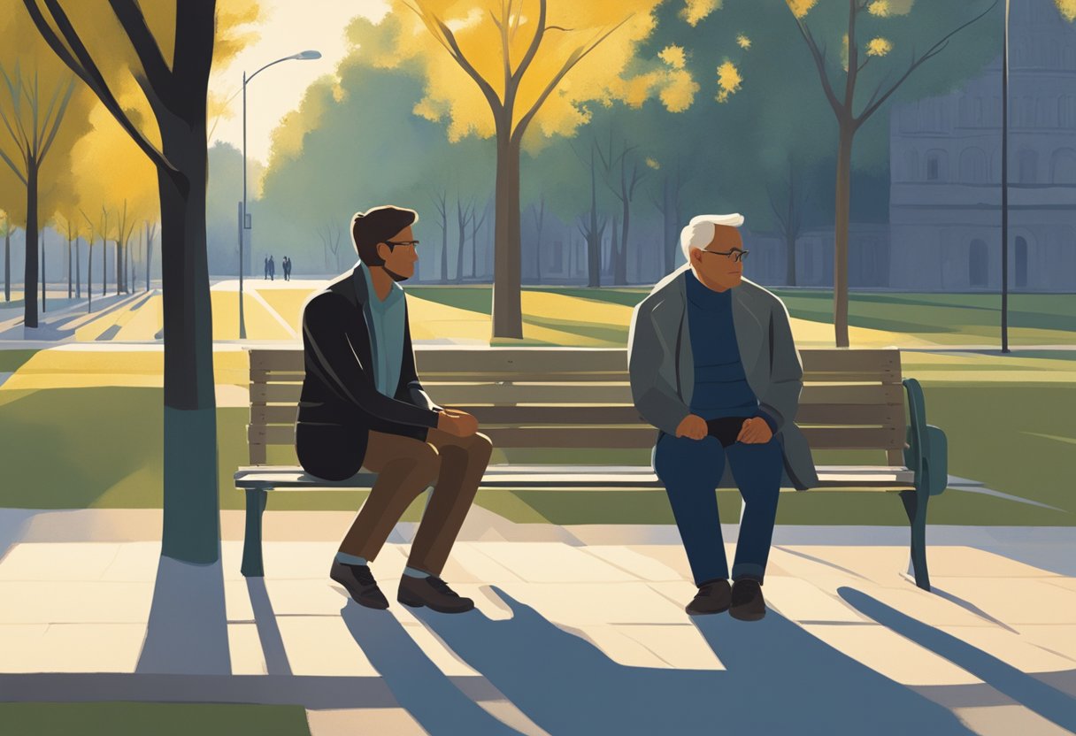 Two figures sit on a park bench, one leaning in close with a sly smile while the other looks wary. The sun casts long shadows, emphasizing the sense of secrecy and distrust