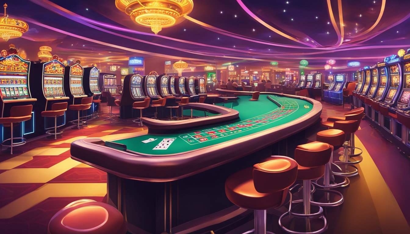 A variety of casino games are on display, including slot machines, card tables, and roulette wheels. The atmosphere is vibrant and lively, with flashing lights and excited patrons