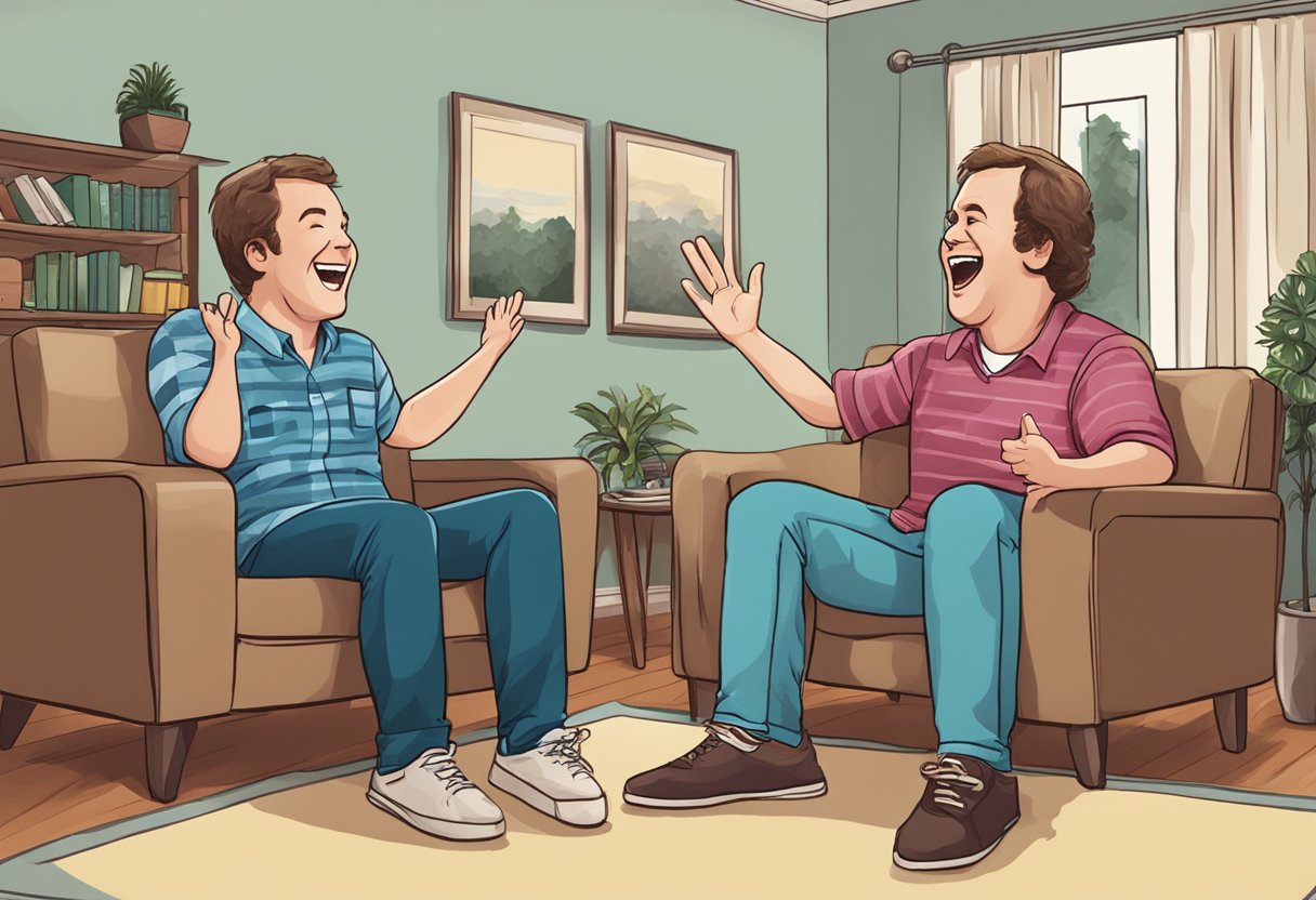 Two step brothers laughing and high-fiving in a living room while watching TV together