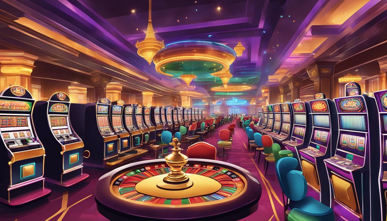 A bustling casino floor with rows of slot machines, card tables, and a vibrant atmosphere of excitement and energy