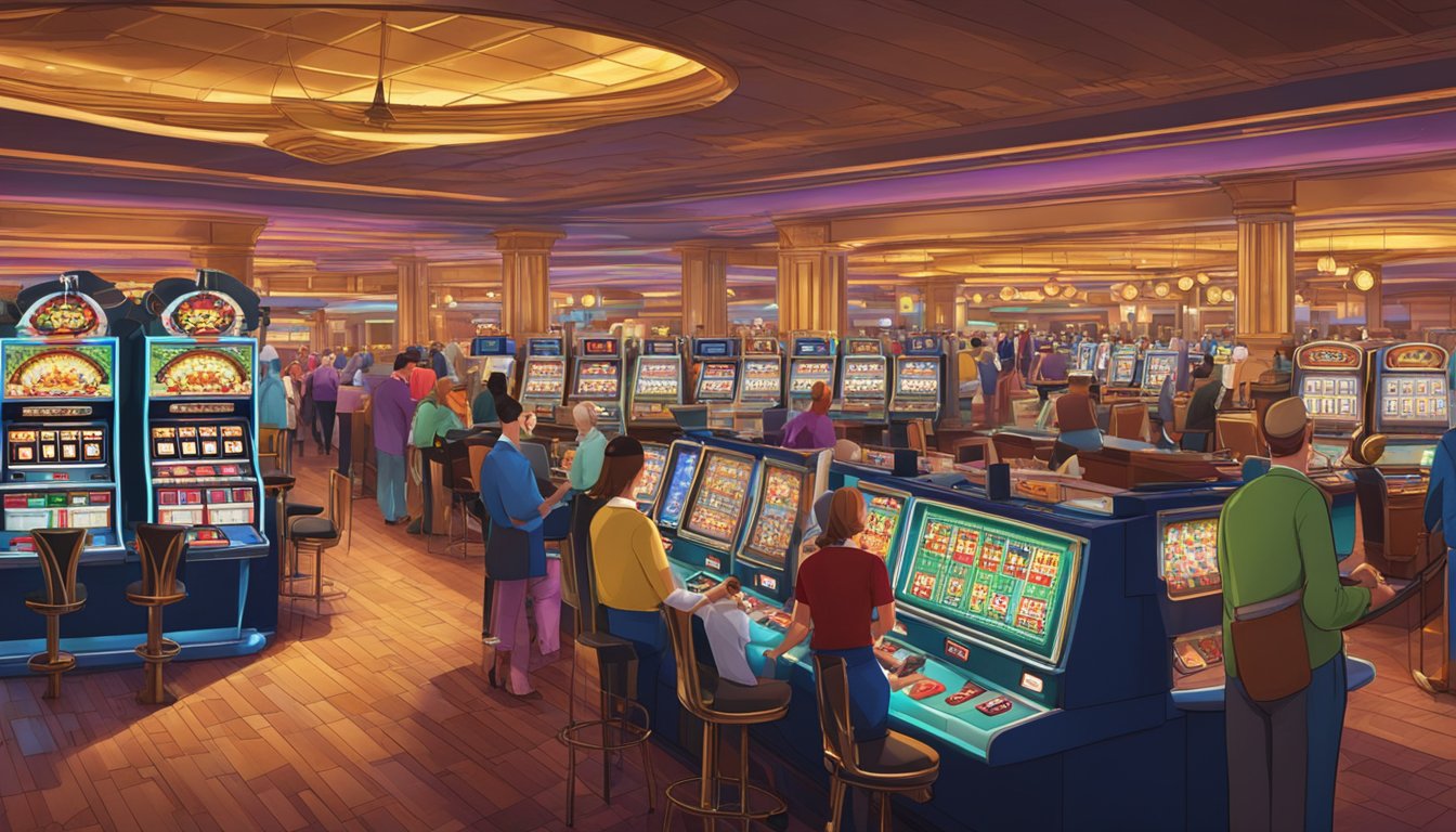 A bustling casino floor with rows of slot machines, card tables, and a vibrant atmosphere. The customer service desk is attended to by friendly staff