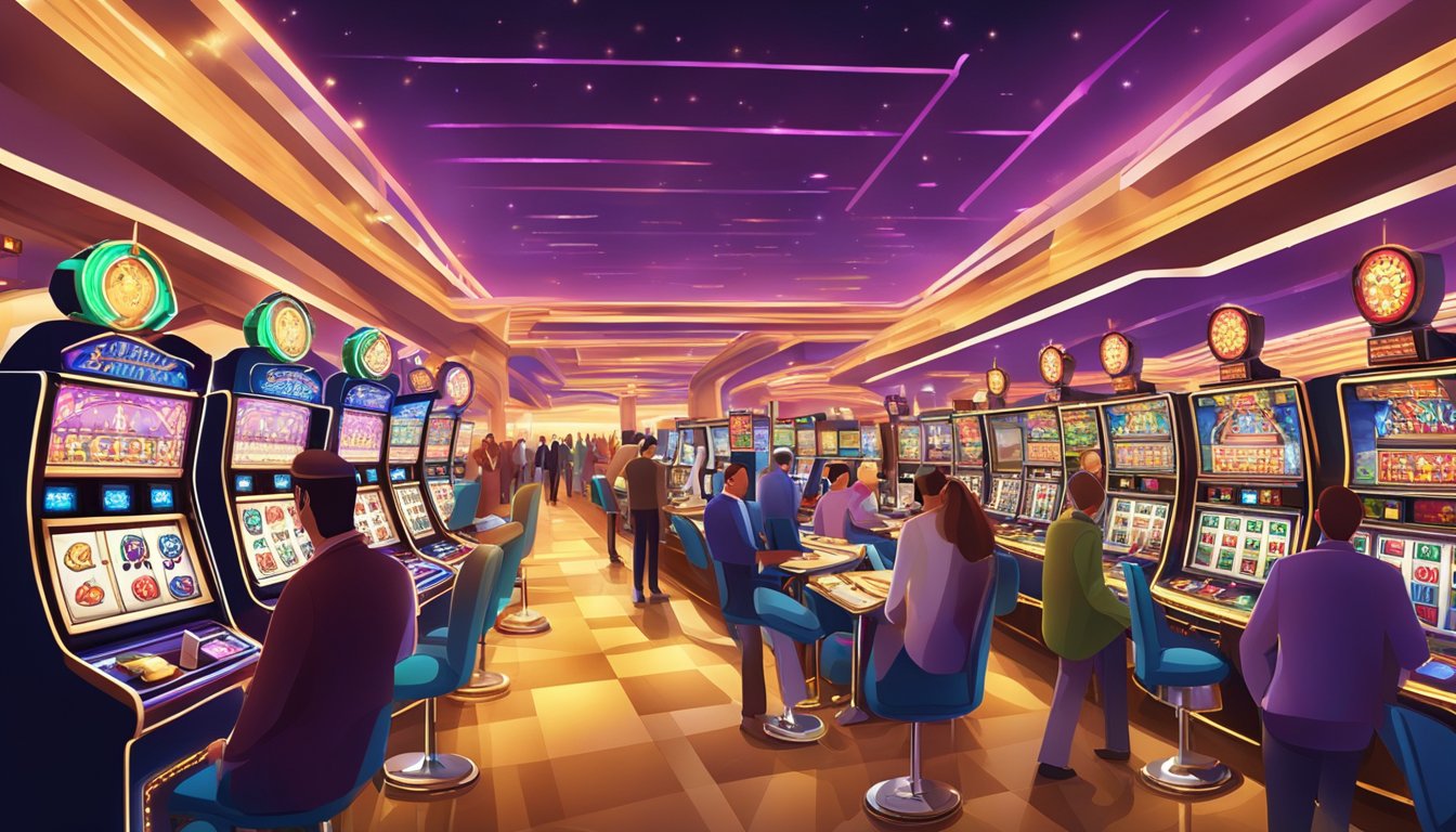 A vibrant and bustling casino floor, filled with bright lights and the sounds of slot machines and card games. Patrons are enjoying themselves in a safe and fair gaming environment