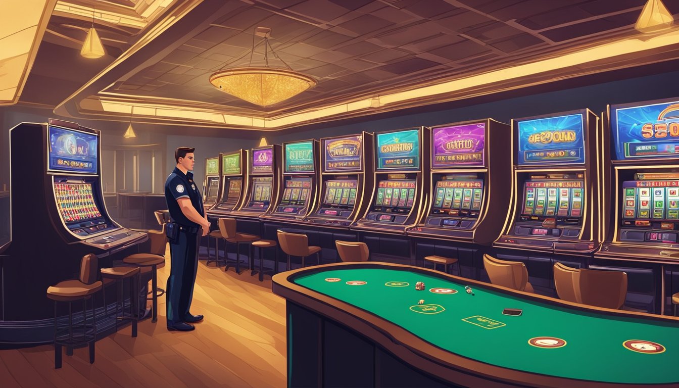 A security guard monitors a casino floor, keeping a watchful eye on the gaming tables and machines to prevent any fraudulent activities