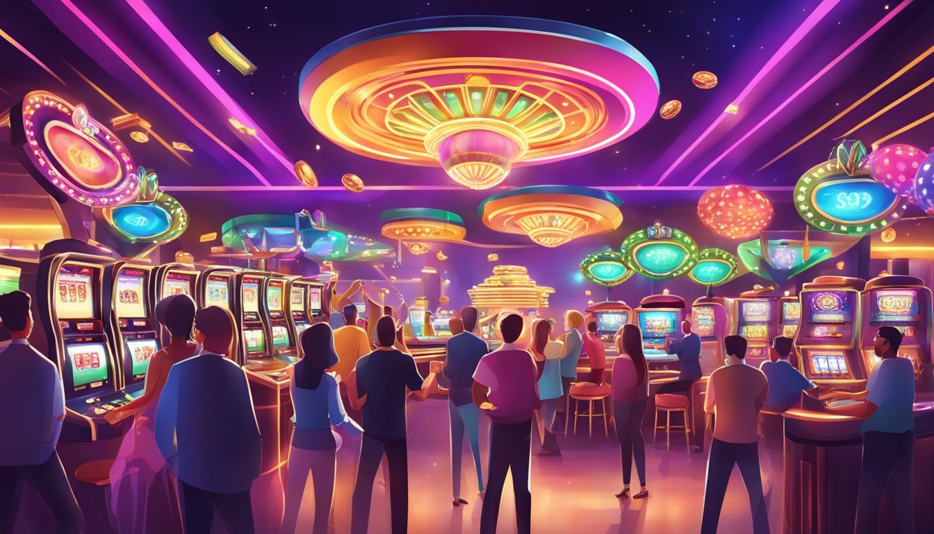 A colorful casino with bright lights and spinning slot machines, surrounded by excited and energetic patrons