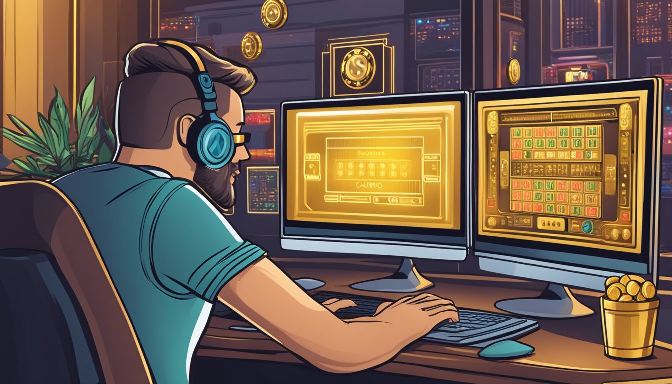 A customer sits at a computer, entering personal information. A virtual casino logo is displayed on the screen, and a golden token symbolizes the experience