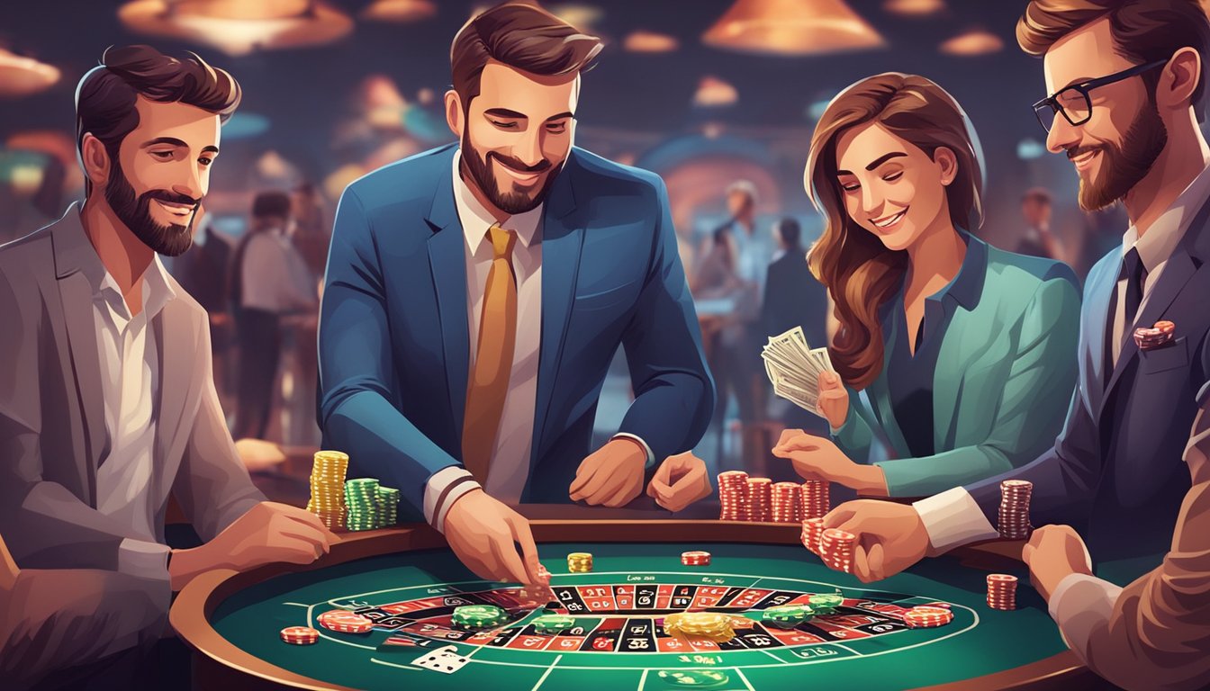 A group of people at a casino, placing bets and managing their finances while enjoying the experience with casino chips and cards