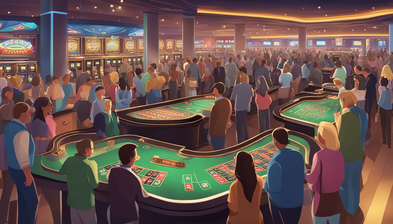 A bustling casino floor with flashing lights, slot machines, and card tables. Customers eagerly line up at the cashier to claim their promotional gaming chips and rewards