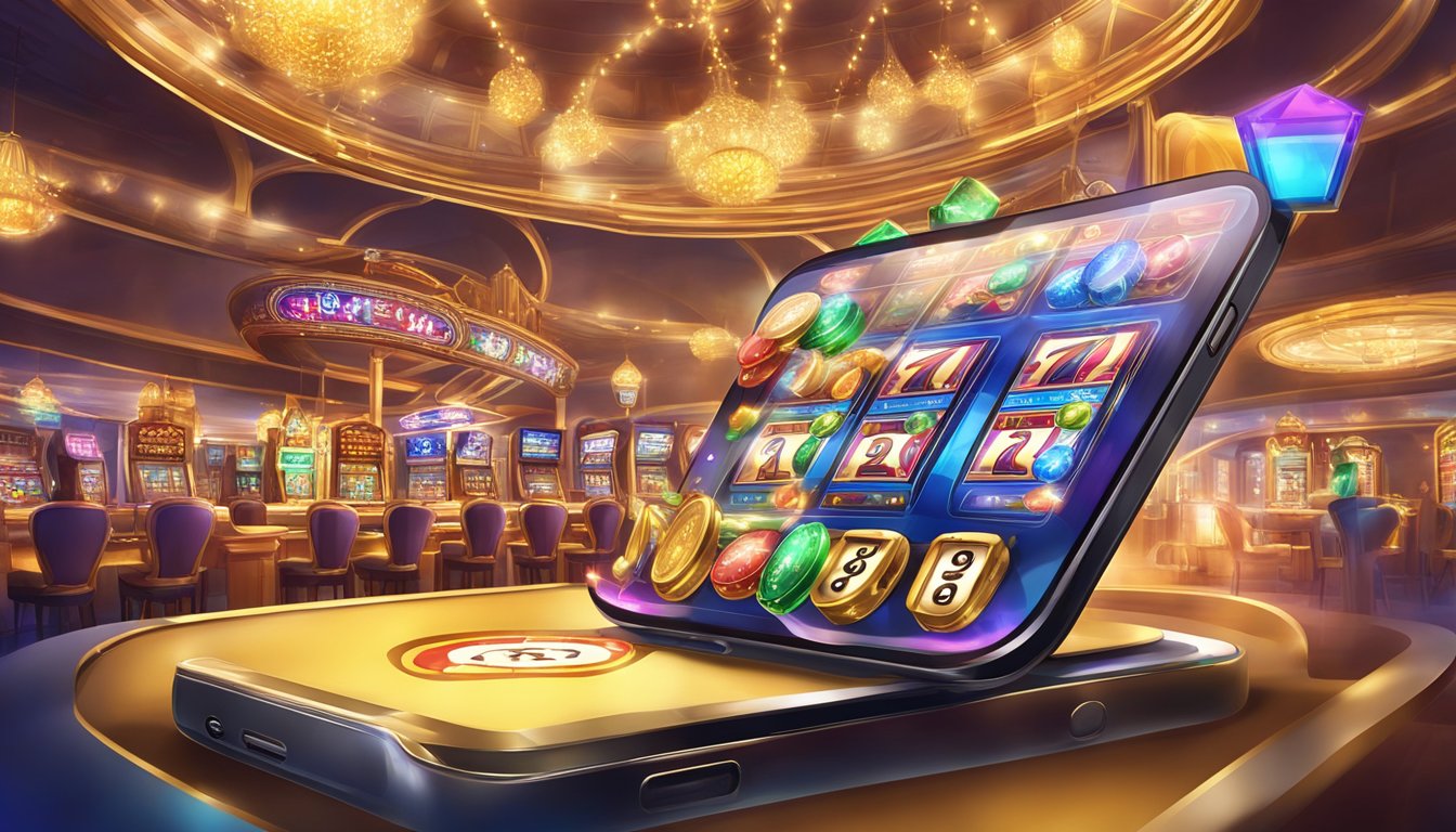 A mobile platform with a casino app, featuring a golden entertainment city experience