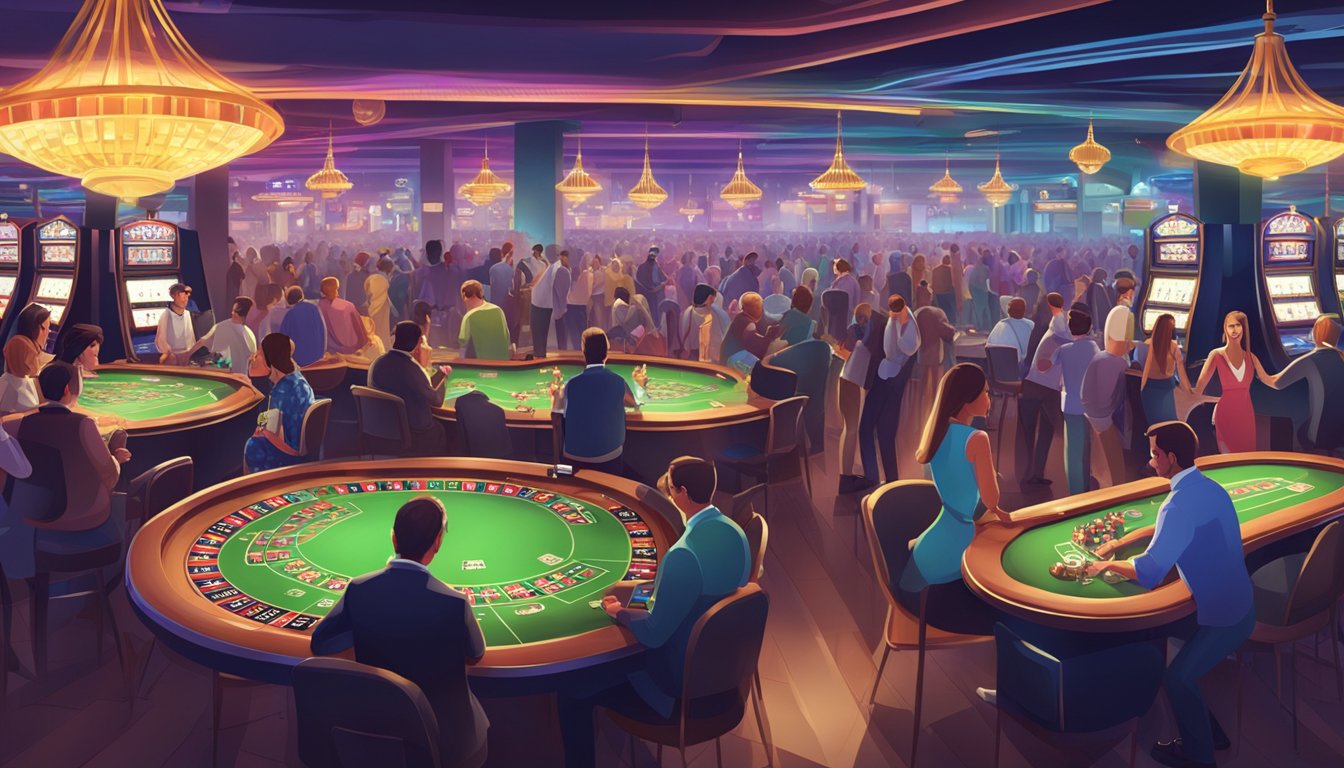 A crowded casino with flashing lights and people gambling