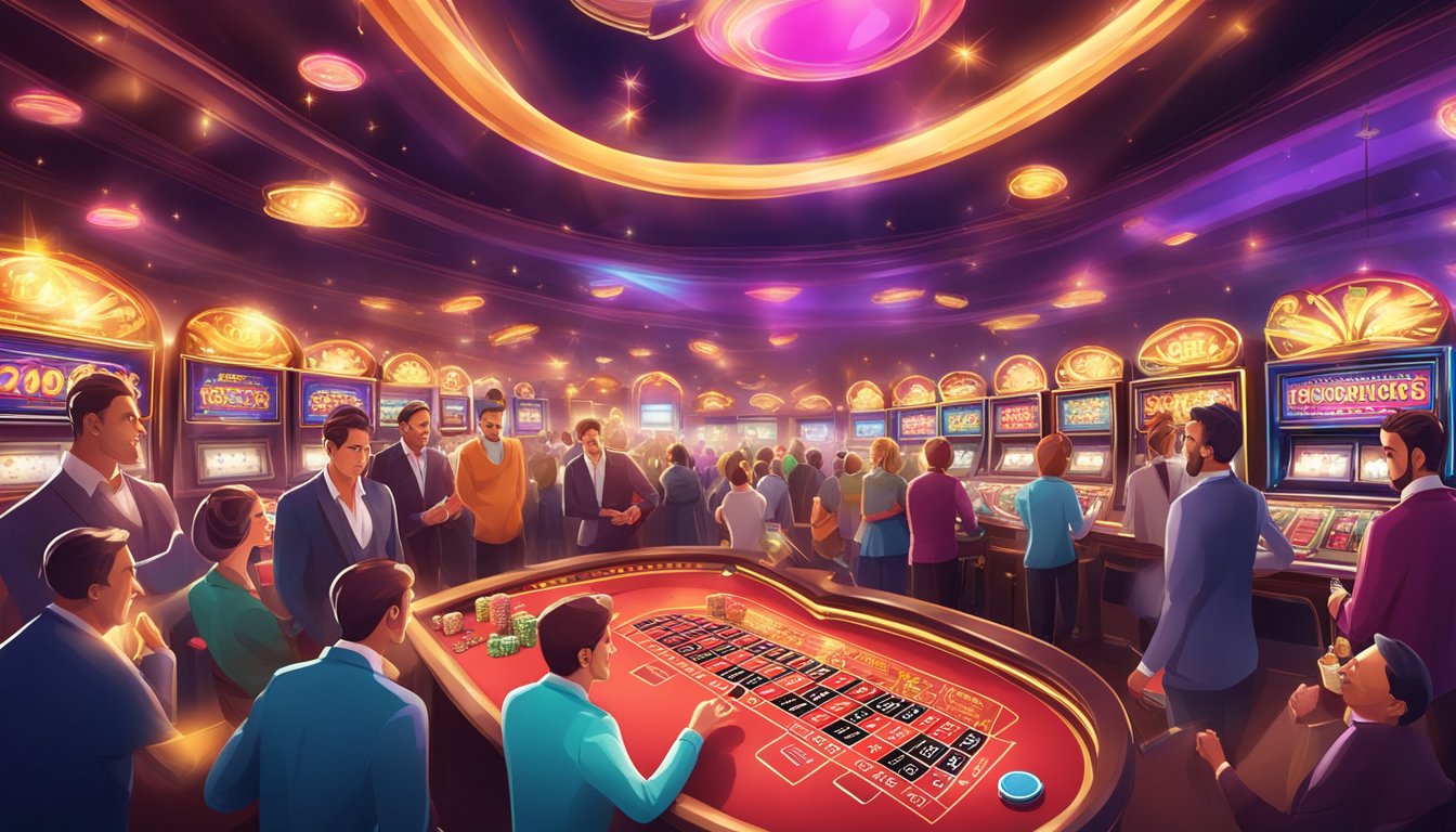 A crowded casino with flashy promotions and hidden risks. Bright lights and a sense of excitement, but also an atmosphere of deception and fraud