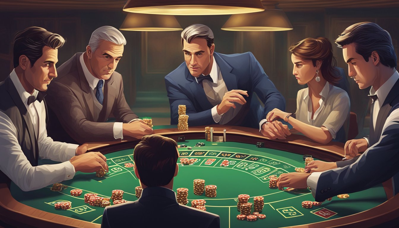 A group of people gather around a casino game table, as the dealer manipulates the odds and winning outcomes in their favor. The players appear frustrated and suspicious