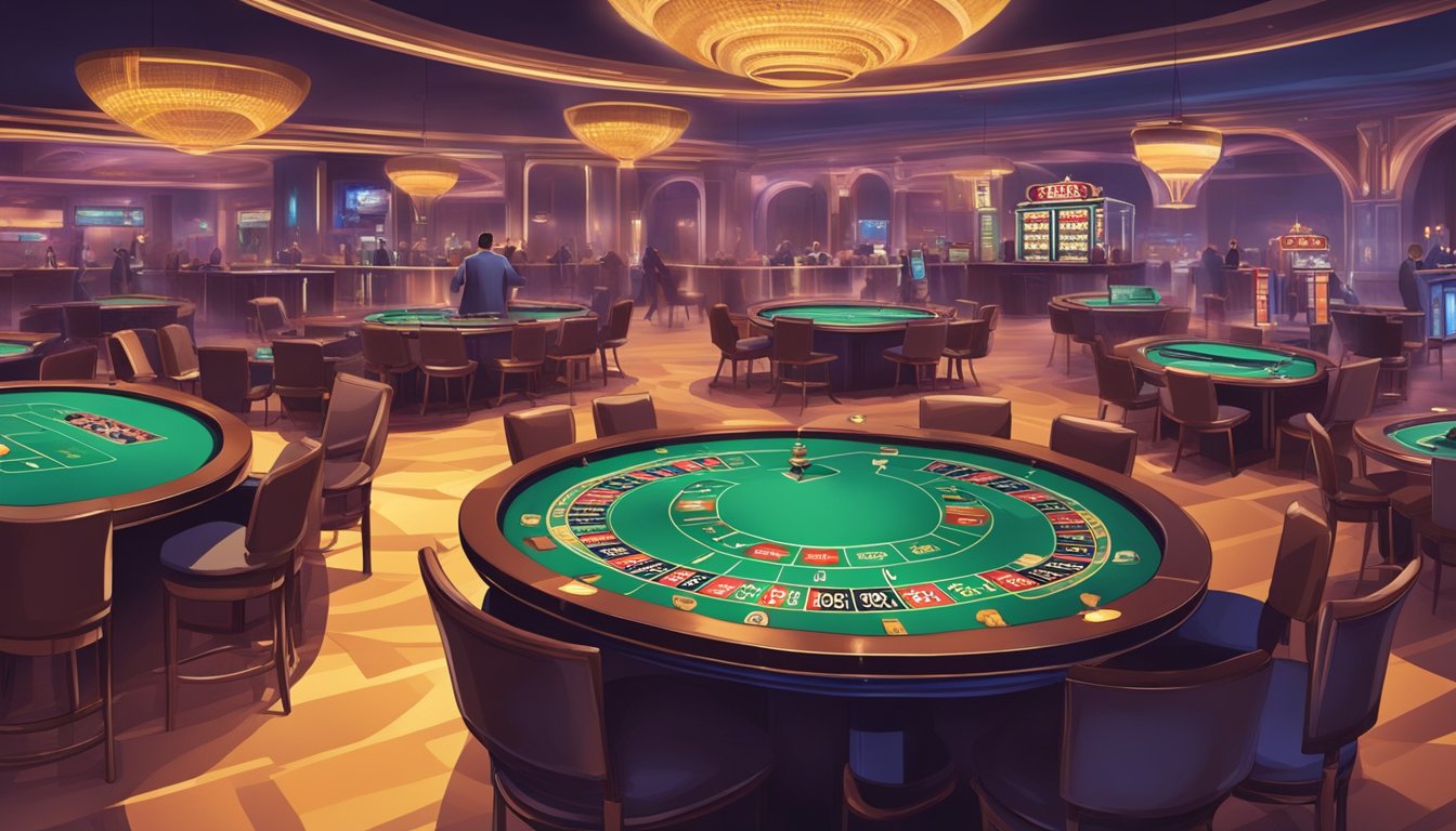 A casino scene with fraudulent activities from a legal perspective. Show casino tables and equipment with a sense of deception and illegal activity