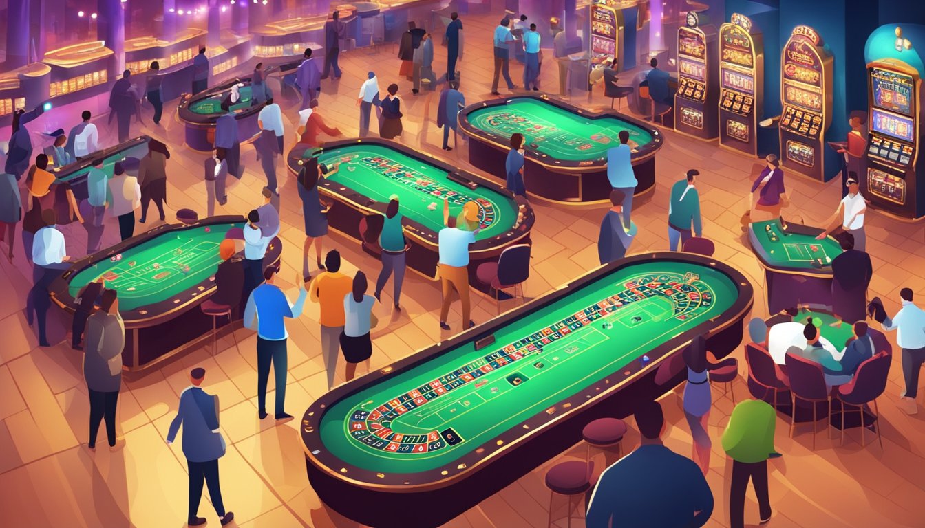 A bustling casino with colorful lights and lively sounds, filled with people enjoying various games and activities, all focused on making money