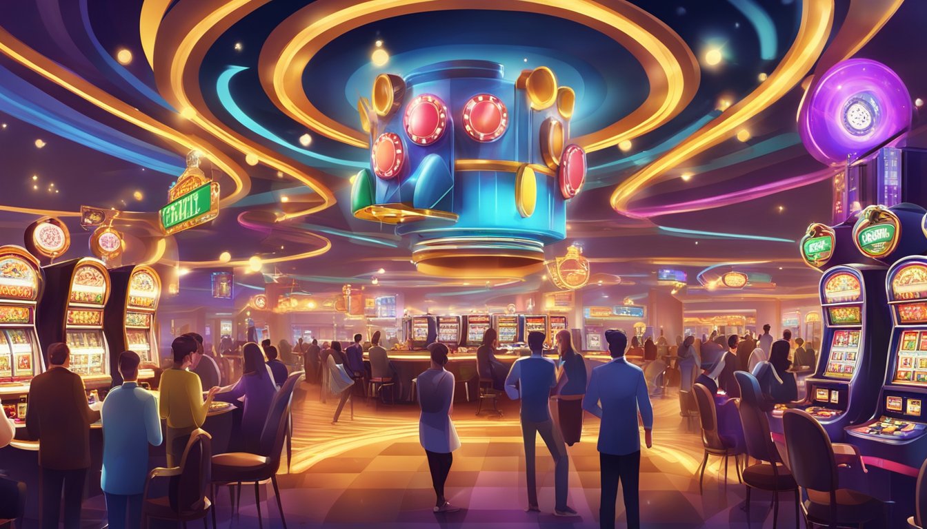 A bustling casino with bright lights and colorful slot machines, surrounded by people enjoying various games and entertainment