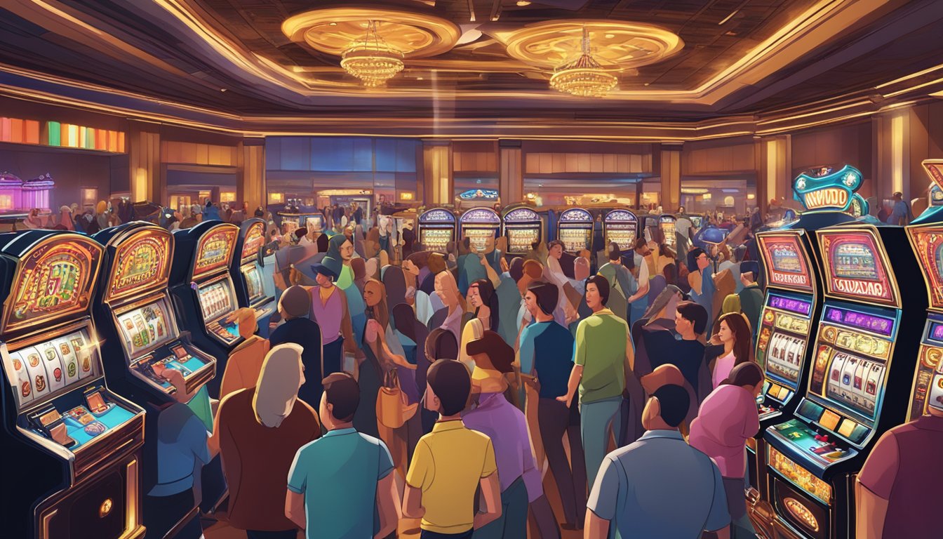 A bustling casino floor with flashing lights and ringing slot machines, surrounded by a crowd of excited patrons