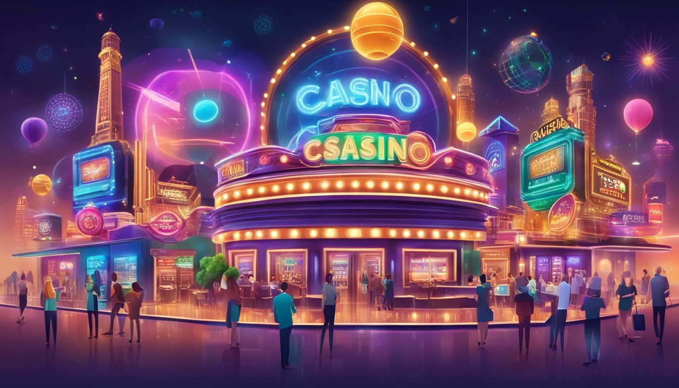 A bustling casino with bright lights and colorful signs, surrounded by a network of interconnected websites and digital marketing tools to maximize online visibility and profitability