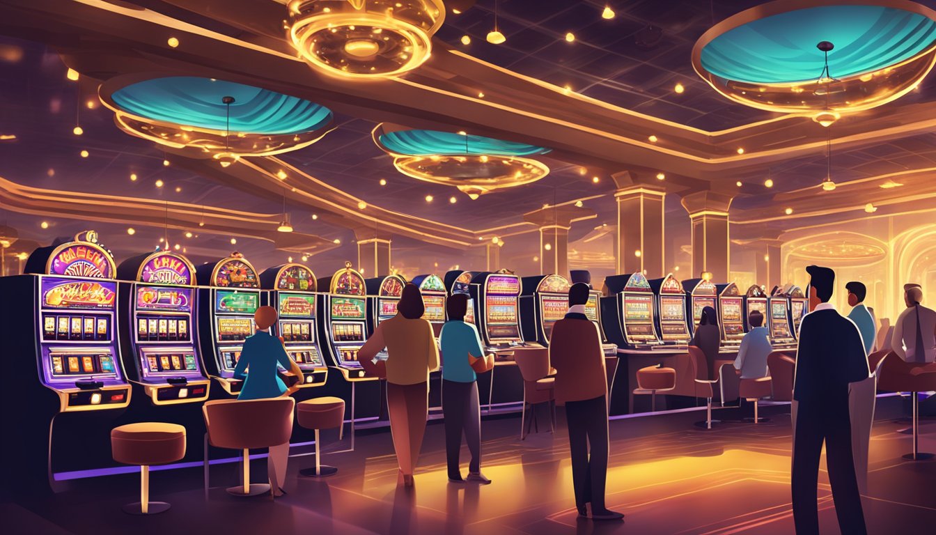 A bustling casino with flashing lights and ringing slot machines. Customers are enjoying various games while staff provide attentive service